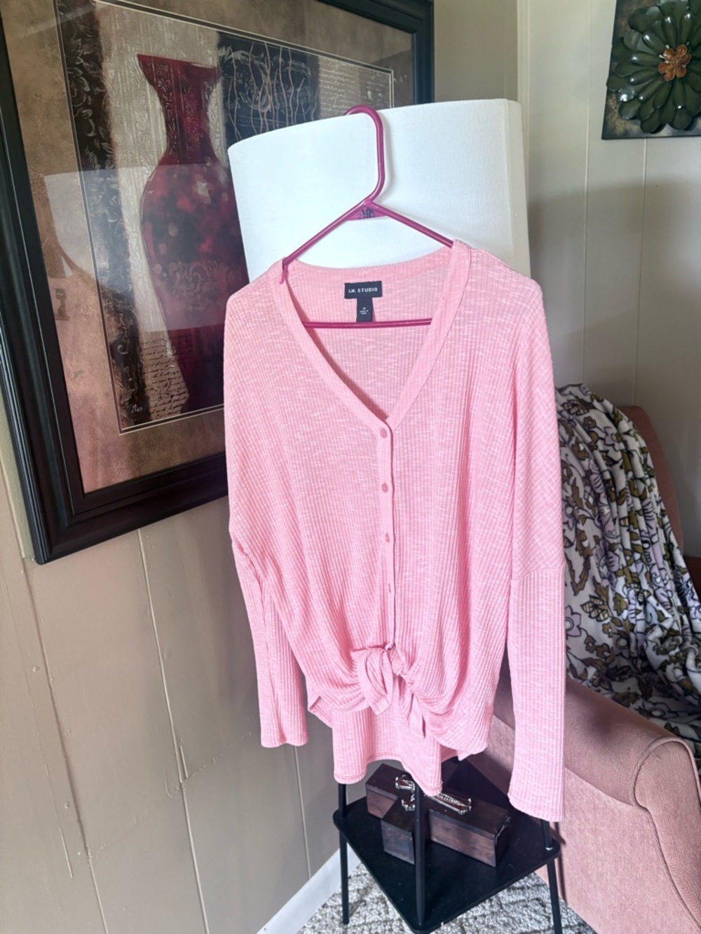 I.N. Studio Pink Knit Button-Front Tie-Hem Blouse